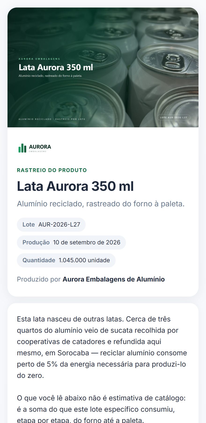 Passaporte público de um lote de latas de alumínio aberto no celular, com nome do produto, lote, data de produção e quantidade